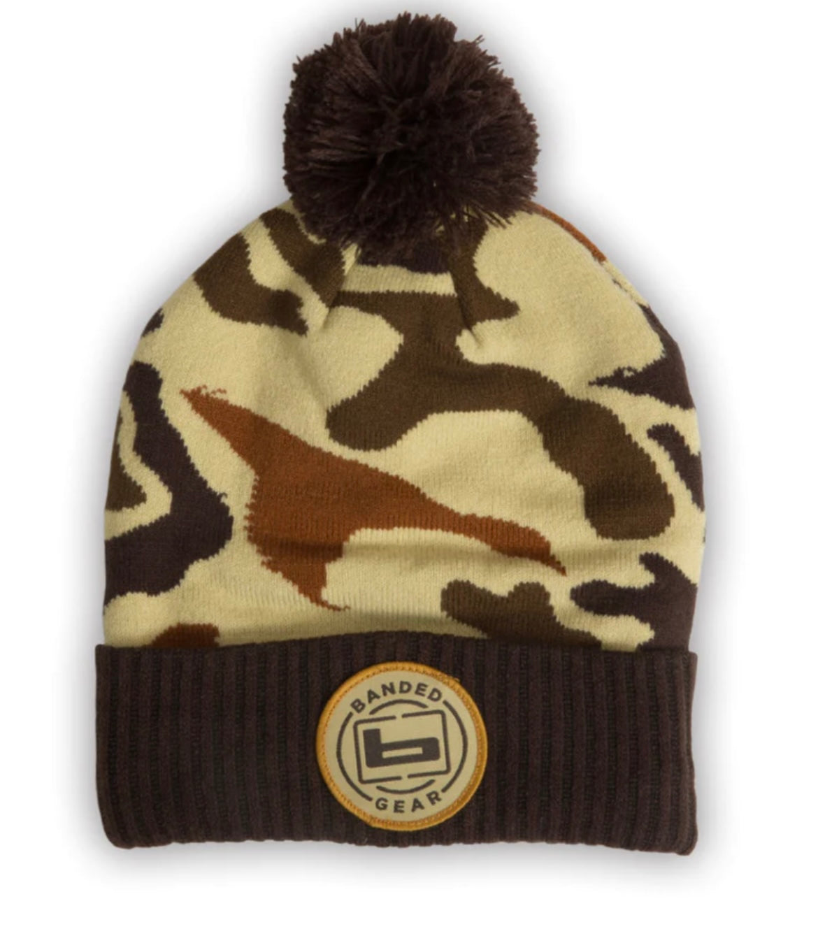 banded duck camo pom knit beanie