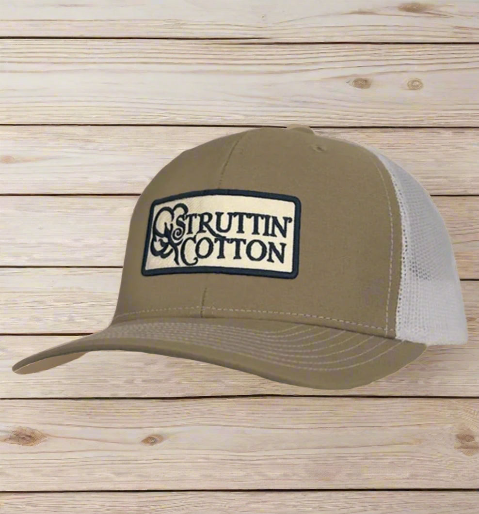 cotton boll patch snap back trucker, khaki/white | struttin cotton
