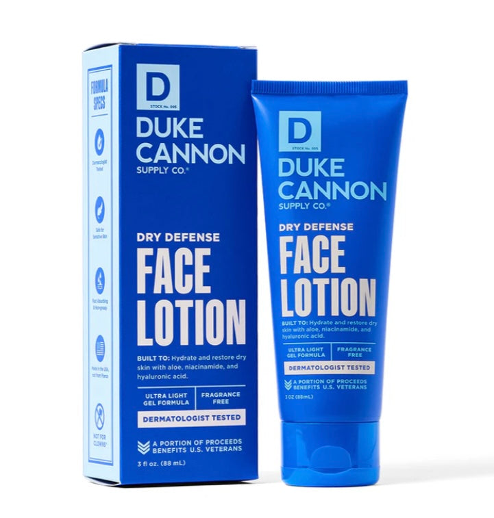 dry defense face lotion | duke cannon