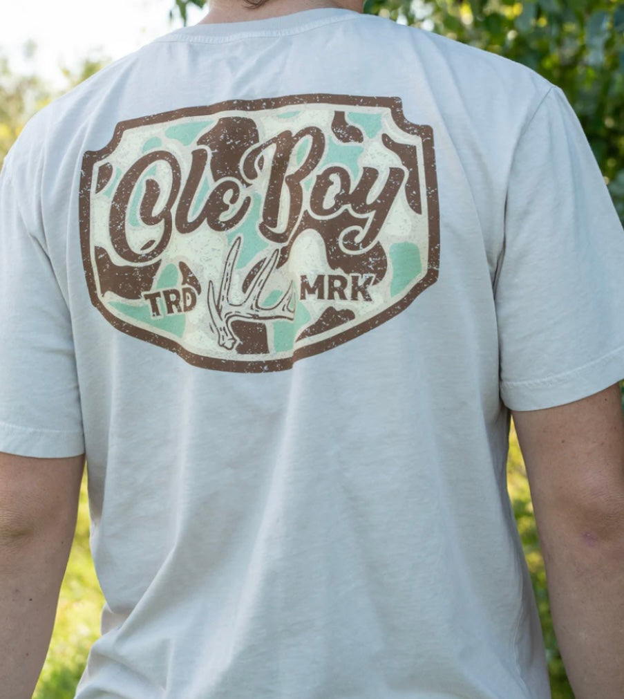 deer antler camo patch t-shirt | ole boy