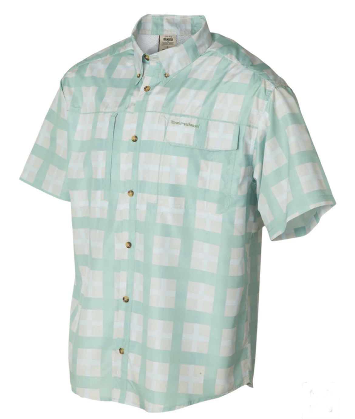 banded accelerator OTL short sleeve fishing shirt, light green plaid