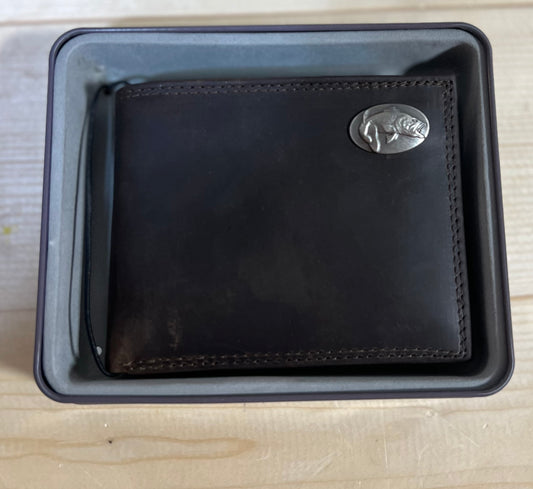 brown leather bifold wallet, bass