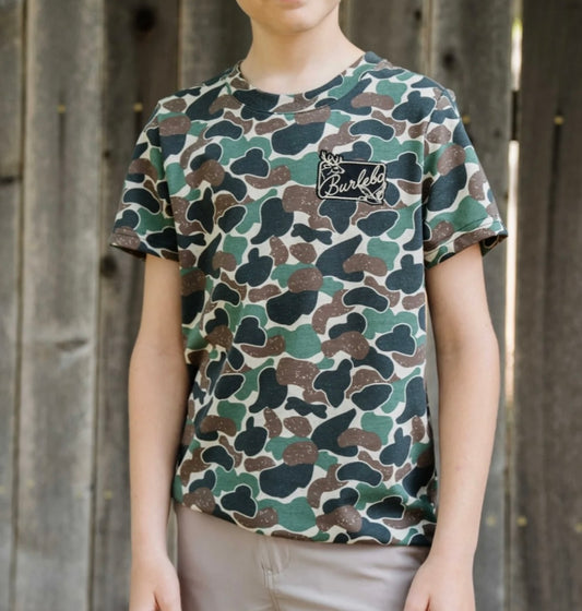 youth tee, throwback camo pocket tee patch logo | burlebo