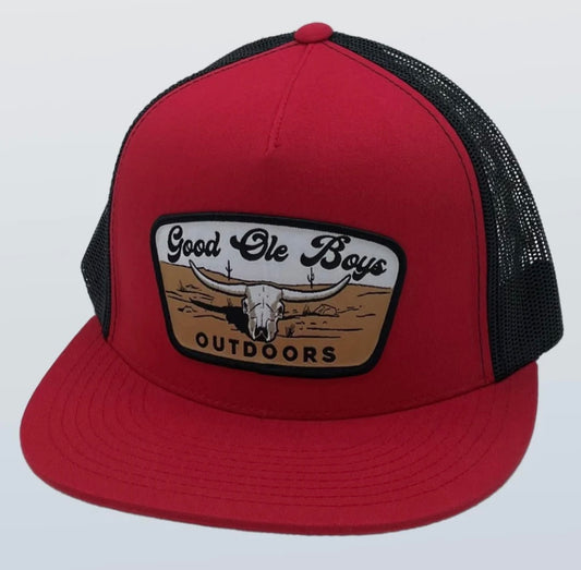 GOB cattle skull snapback, red + black