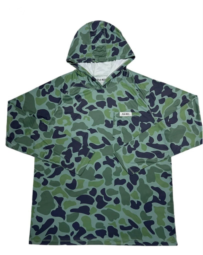 ole boy performance hooded tee, green duck camo