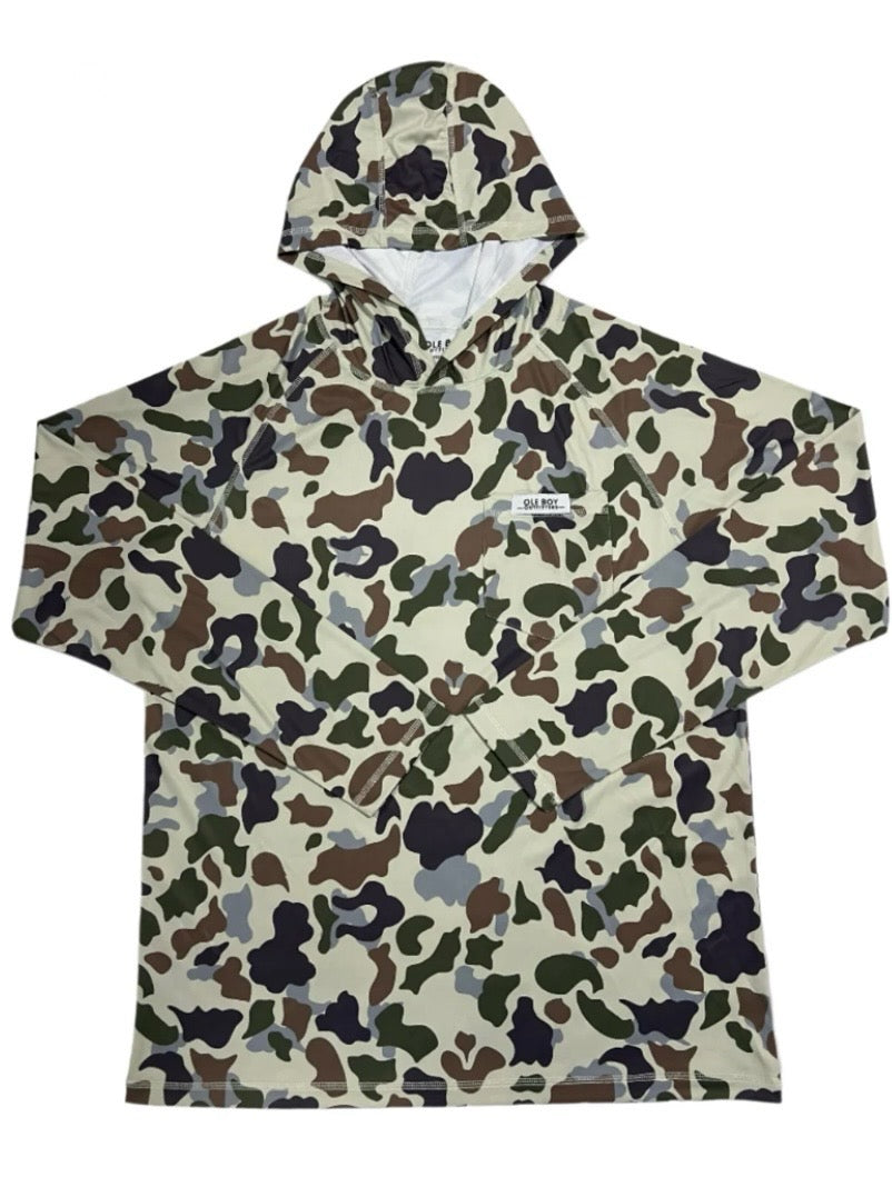 ole boy performance hooded tee, brown duck camo