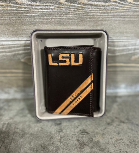 debossed brown leather trifold wallet, LSU | zep-pro