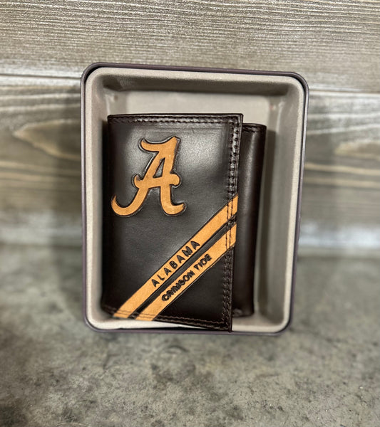 debossed brown leather trifold wallet, Alabama | zep-pro