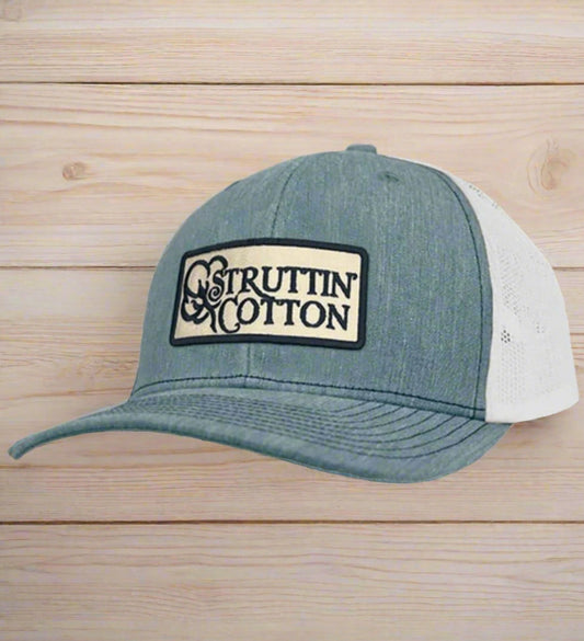 cotton boll patch snap back trucker hat, heather grey/white | struttin cotton