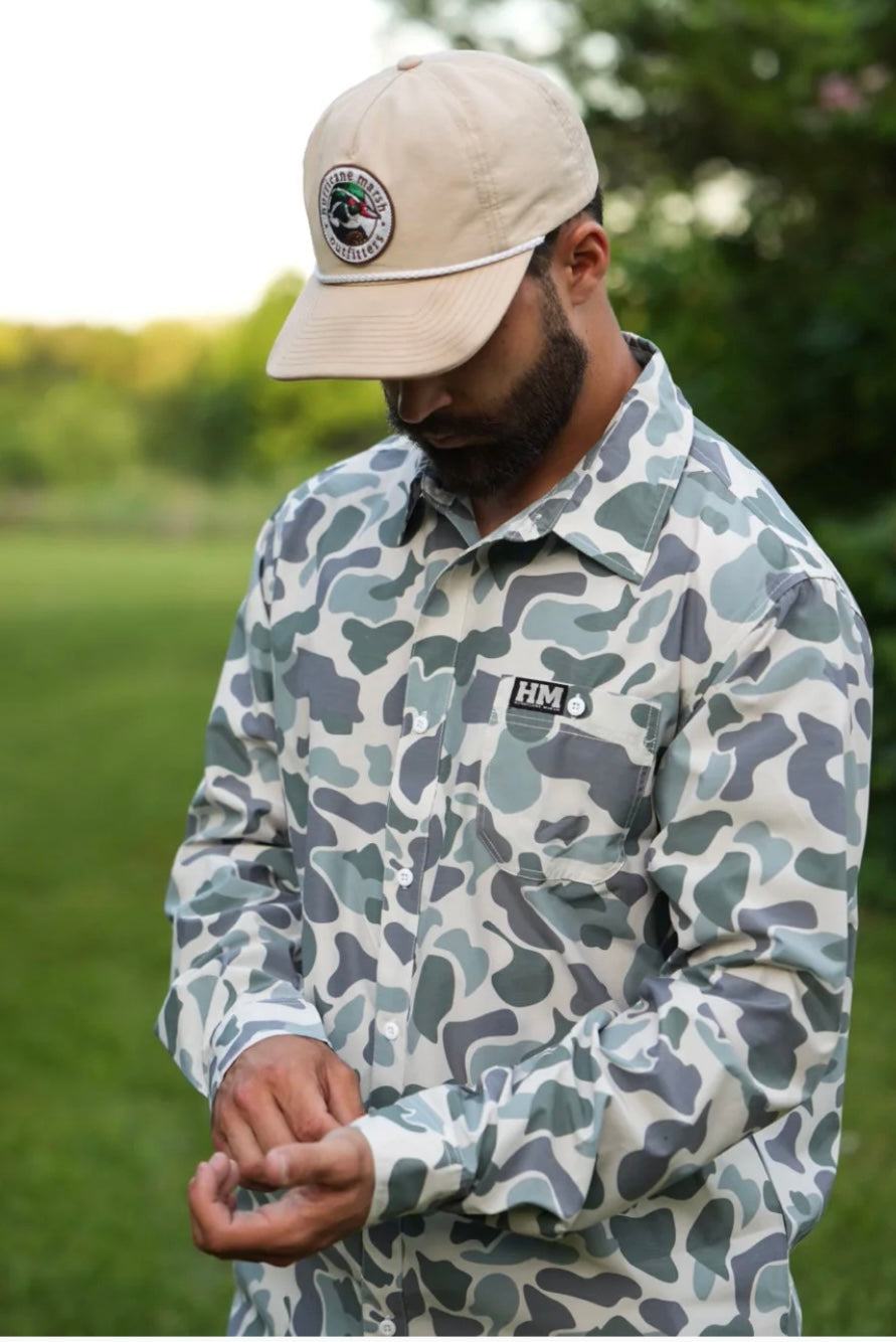 button up green performance long sleeve | hurricane marsh