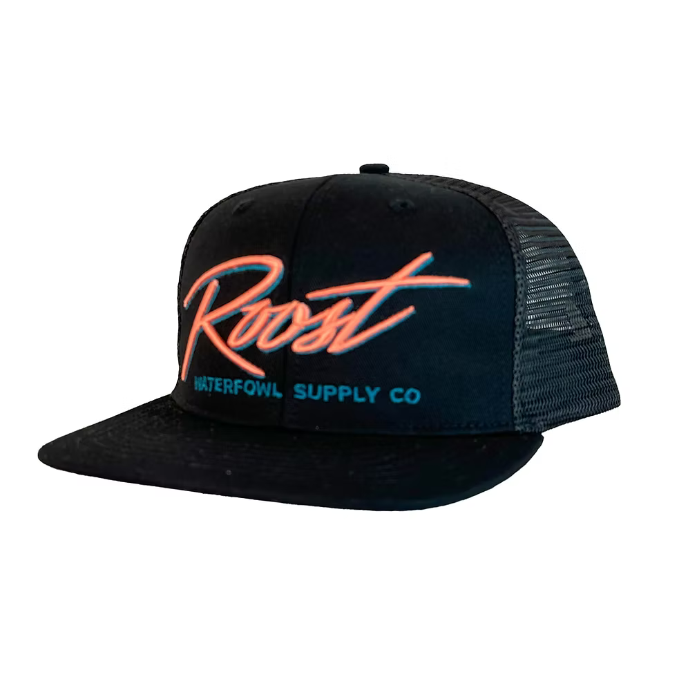roost black 7 panel w/ pink script logo
