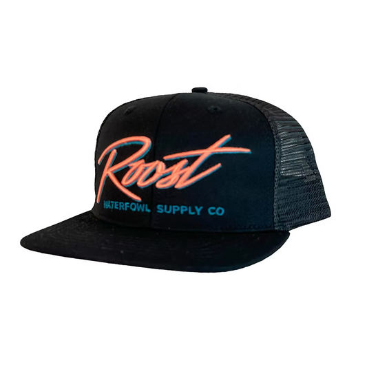 roost black 7 panel w/ pink script logo