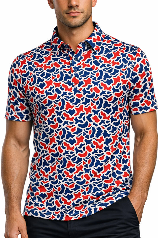 red, white, blue old school camo polo
