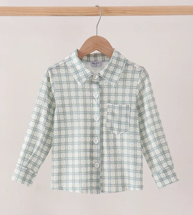 boys' plaid button-down, sage
