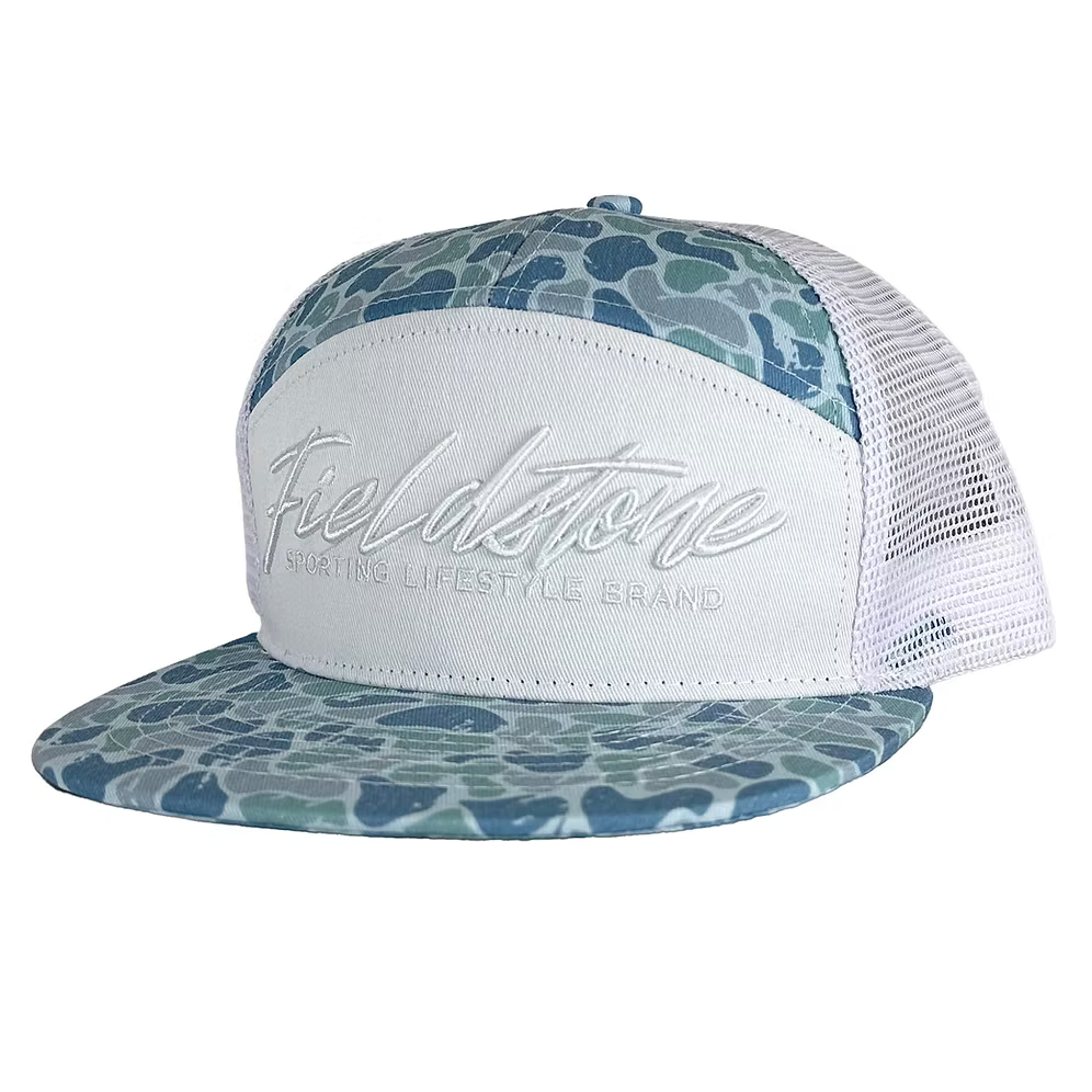 7 panel saltwater camo script hat | fieldstone